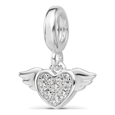Sterling Silver CZ Heart Wings Dangle Bead