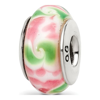 Sterling Silver Pink Green Glass Bead