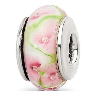Sterling Silver Pink Green Glass Bead