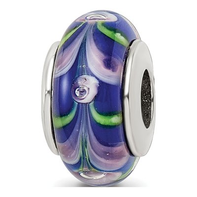 Sterling Silver Blue Pink Hand-Blown Glass Bead