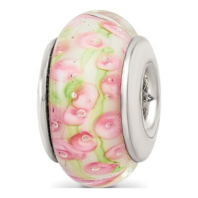 Sterling Silver Pink Green Hand-Blown Glass Bead