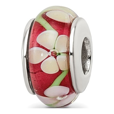 Sterling Silver Red Floral Hand-Blown Glass Bead