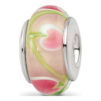 Sterling Silver Pink Green Hand-Blown Glass Bead