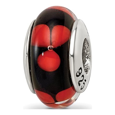 Sterling Silver Red Black Hand-Blown Glass Bead