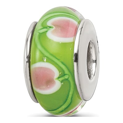 Sterling Silver Green Pink Glass Bead