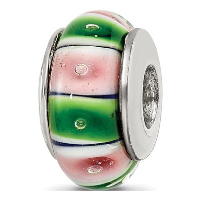 Sterling Silver Green Pink Hand-Blown Glass Bead