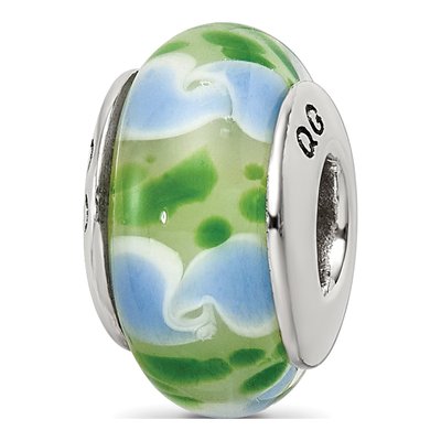 Sterling Silver Green Blue Hand-Blown Glass Bead
