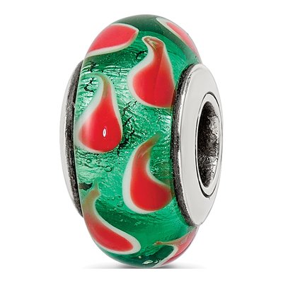 Sterling Silver Green Red Glass Bead