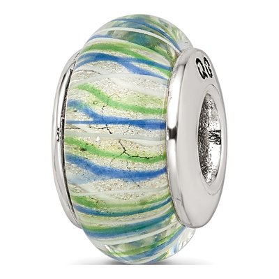 Sterling Silver Blue Green Hand-Blown Glass Bead