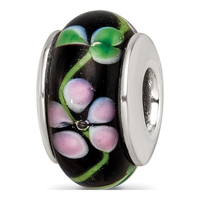 Sterling Silver Black Red Hand-Blown Glass Bead