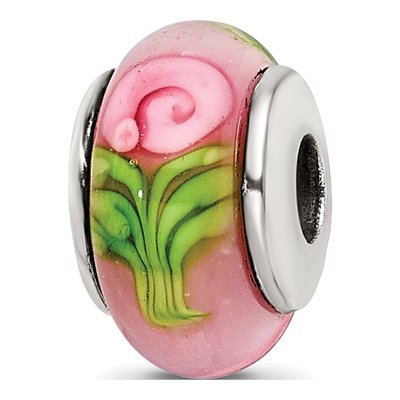 Sterling Silver Kids Pink Flower Glass Bead