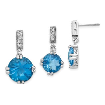 Sterling Silver Blue & Clear CZ Pendant & Earring Set