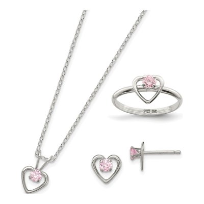 Girls' Sterling Silver Pink CZ Heart Jewelry Set