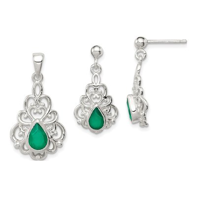 Sterling Silver Green Agate Pendant & Earrings Set