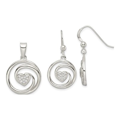Sterling Silver CZ Heart Circle Pendant & Earring Set