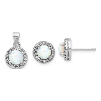 Sterling Silver CZ & Opal Halo Pendant & Earring Set