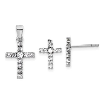 Sterling Silver CZ Cross Earrings & Pendant Set