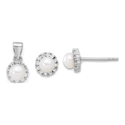 Sterling Silver Pearl & CZ Earrings & Pendant Set