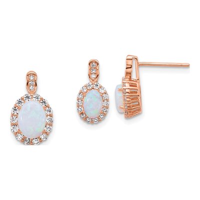 Sterling Silver Rose-Tone Lab-Created Opal & CZ Earring & Pendant Set