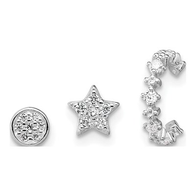 Sterling Silver CZ Star & Circle Ear Cuff Set of 3