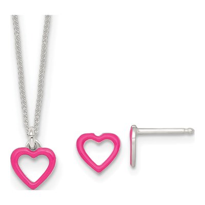 Girls' Sterling Silver Pink Enamel Heart Necklace & Earring