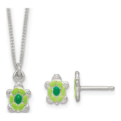Girls' Sterling Silver Green Turtle Necklace & Earring Set