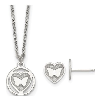 Kids' Sterling Silver Butterfly Heart Necklace & Earring Set