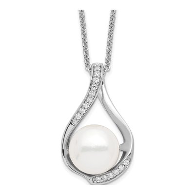 Sterling Silver Freshwater Cultured Pearl & CZ Forever Embrace Pendant Necklace