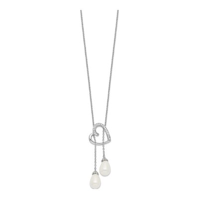 Sterling Silver Freshwater Cultured Pearl & CZ Two Become One Heart Necklace – view 2