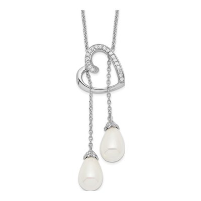 Sterling Silver Freshwater Cultured Pearl & CZ Two Become One Heart Necklace