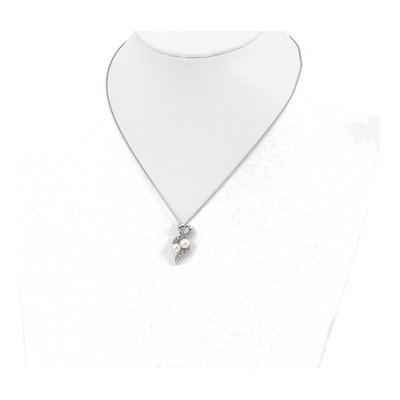 Sterling Silver Simulated Pearl & CZ Two Peas Pod Pendant Necklace – view 5