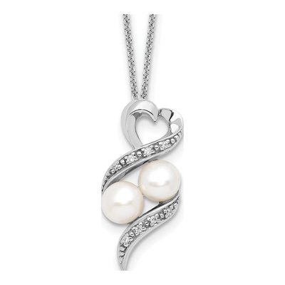 Sterling Silver Simulated Pearl & CZ Two Peas Pod Pendant Necklace