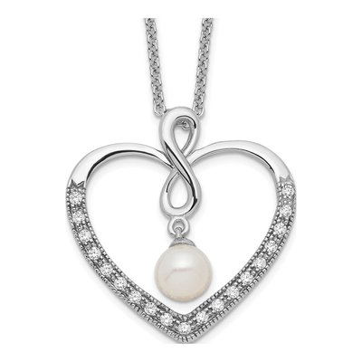 Sterling Silver Freshwater Cultured Pearl & CZ 'my Friend' Heart Pendant Necklace