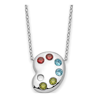 Sterling Silver CZ Multi-Color Paint Palette Pendant Necklace
