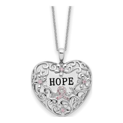 Sterling Silver CZ Breast Cancer Heart Pendant Necklace