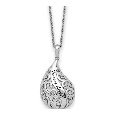 Sterling Silver CZ Antiqued Forever Loved Missed Pendant Necklace
