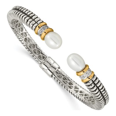Sterling Silver & 14K Gold 1/15 ct tw Freshwater Cultured Pearl & Diamond Cuff Bracelet