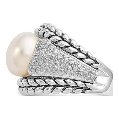 Sterling Silver 1/10 ct tw Freshwater Cultured Pearl & Diamond Antiqued Ring – view 3