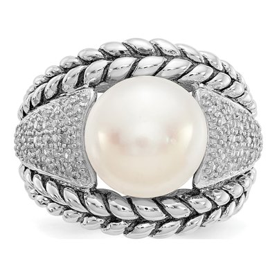 Sterling Silver 1/10 ct tw Freshwater Cultured Pearl & Diamond Antiqued Ring – view 5