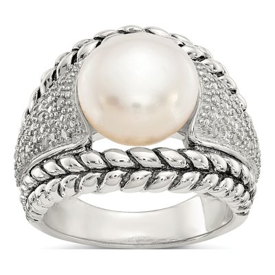 Sterling Silver 1/10 ct tw Freshwater Cultured Pearl & Diamond Antiqued Ring