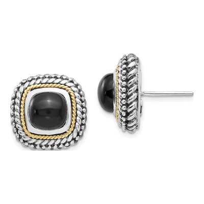 Sterling Silver & 14K Gold Onyx Button Stud Earrings