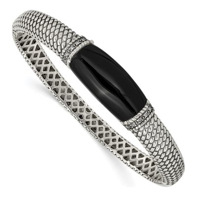 Sterling Silver 1/10 ct tw Onyx & Diamond Bangle Bracelet
