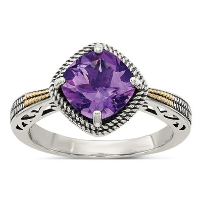 Sterling Silver & 14K Gold Amethyst Cushion Ring