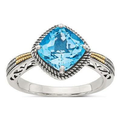 Sterling Silver & 14K Gold Swiss Blue Topaz Cushion Ring