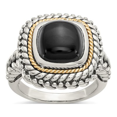 Sterling Silver & 14K Gold Onyx Cabochon Ring