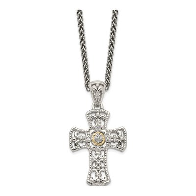 Sterling Silver & 14K Gold 1/20 ct tw Diamond Cross Pendant Necklace