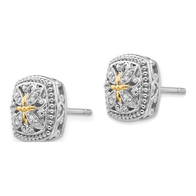 Sterling Silver & 14K Gold 1/20 ct tw Round Diamond Vintage Stud Earrings – view 3