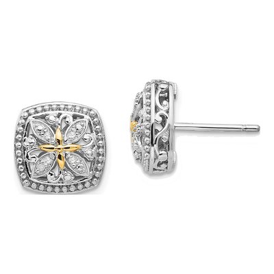 Sterling Silver & 14K Gold 1/20 ct tw Round Diamond Vintage Stud Earrings