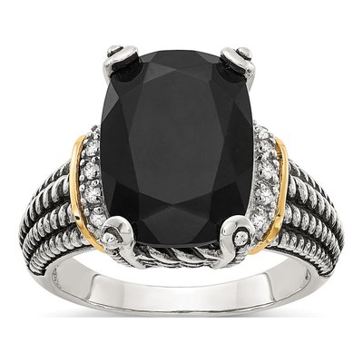 Sterling Silver & 14K Gold 1/10 ct tw Onyx & Diamond Ring