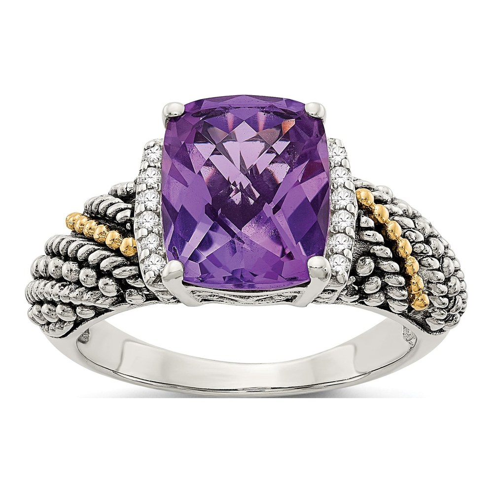Sterling Silver & 14K Gold 1/20 ct tw Amethyst & Diamond Ring